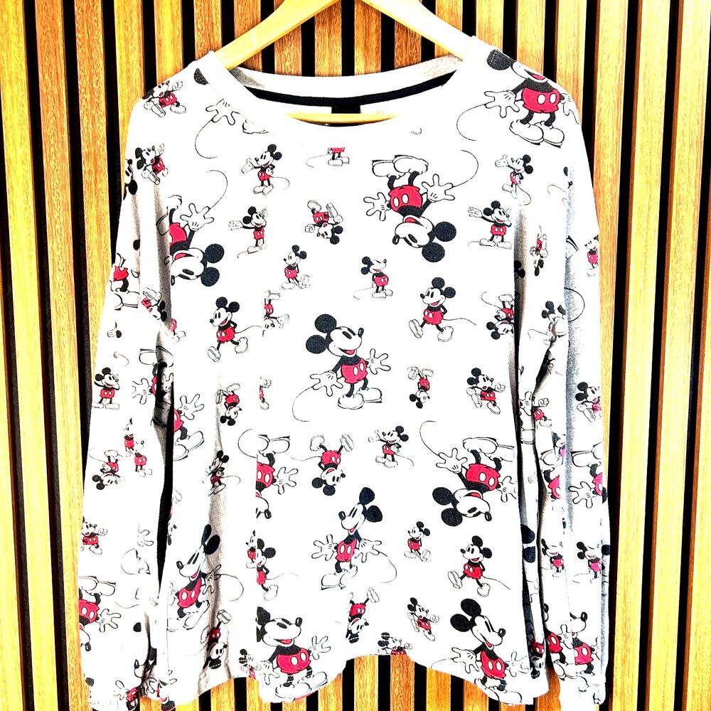 Disney Mickey Mouse Long Sleeve Top Women’s Medium Gray Allover Print
